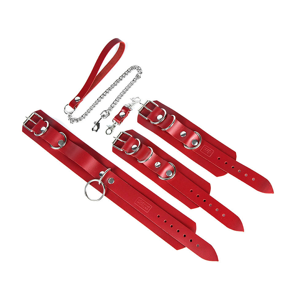 широкий ошийник з наручниками з червоної шкіри
