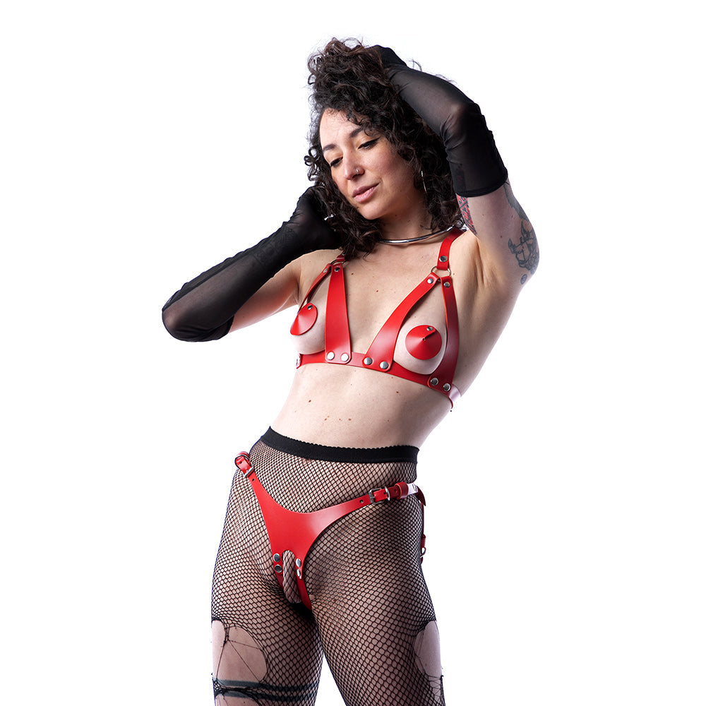 Шкіряна білизна з відкритим доступом червона 